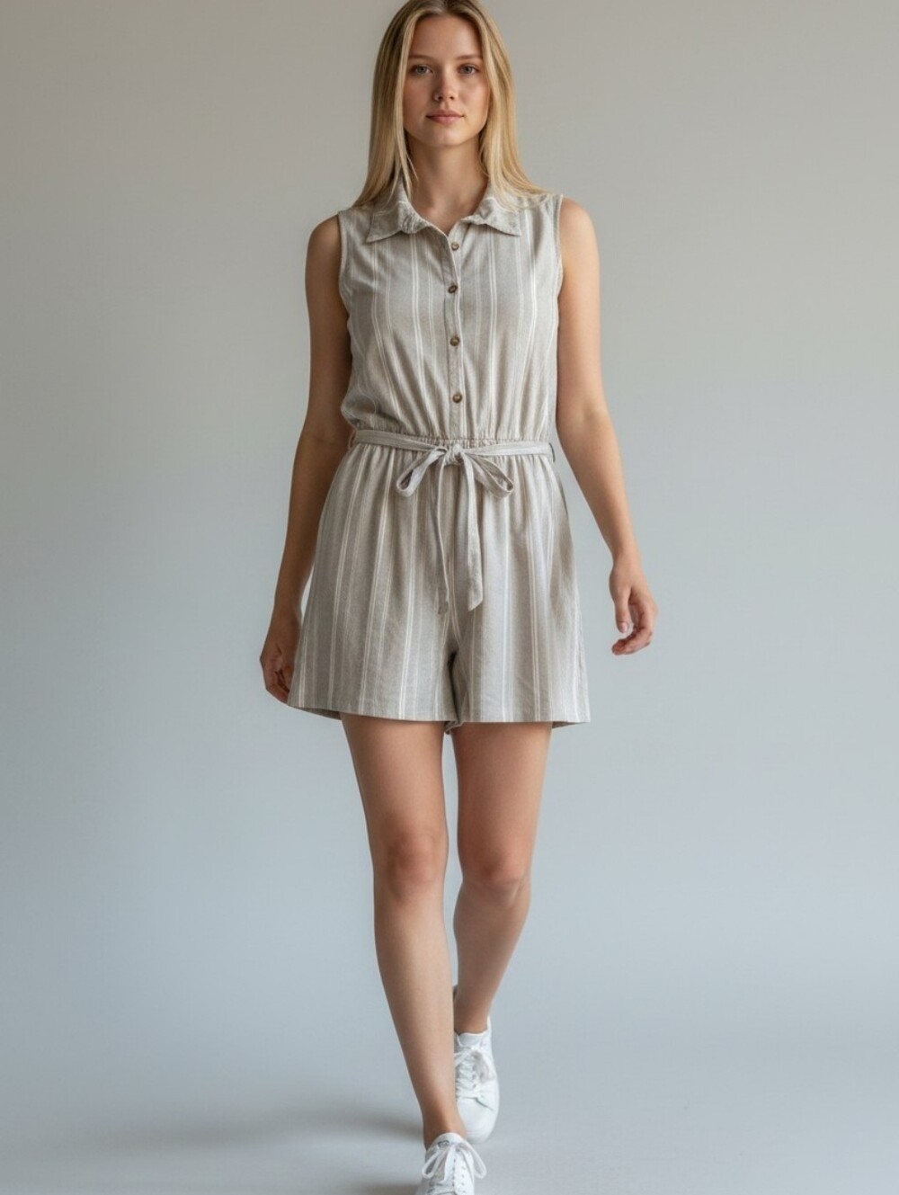 Derek Heart Beige White Striped Lace Collared Sleeveless Button Front Romper L